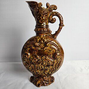 Glazed Ceramic Pitcher Large Ornate Brown with Embossed Tavern Scene